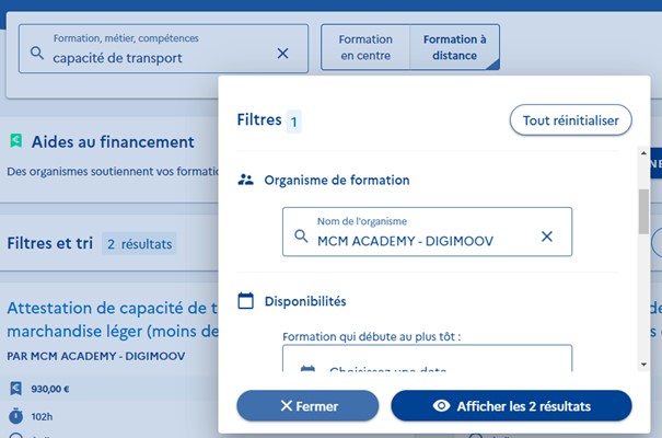 capture d'écran du process de demande de financement par pôle emploi